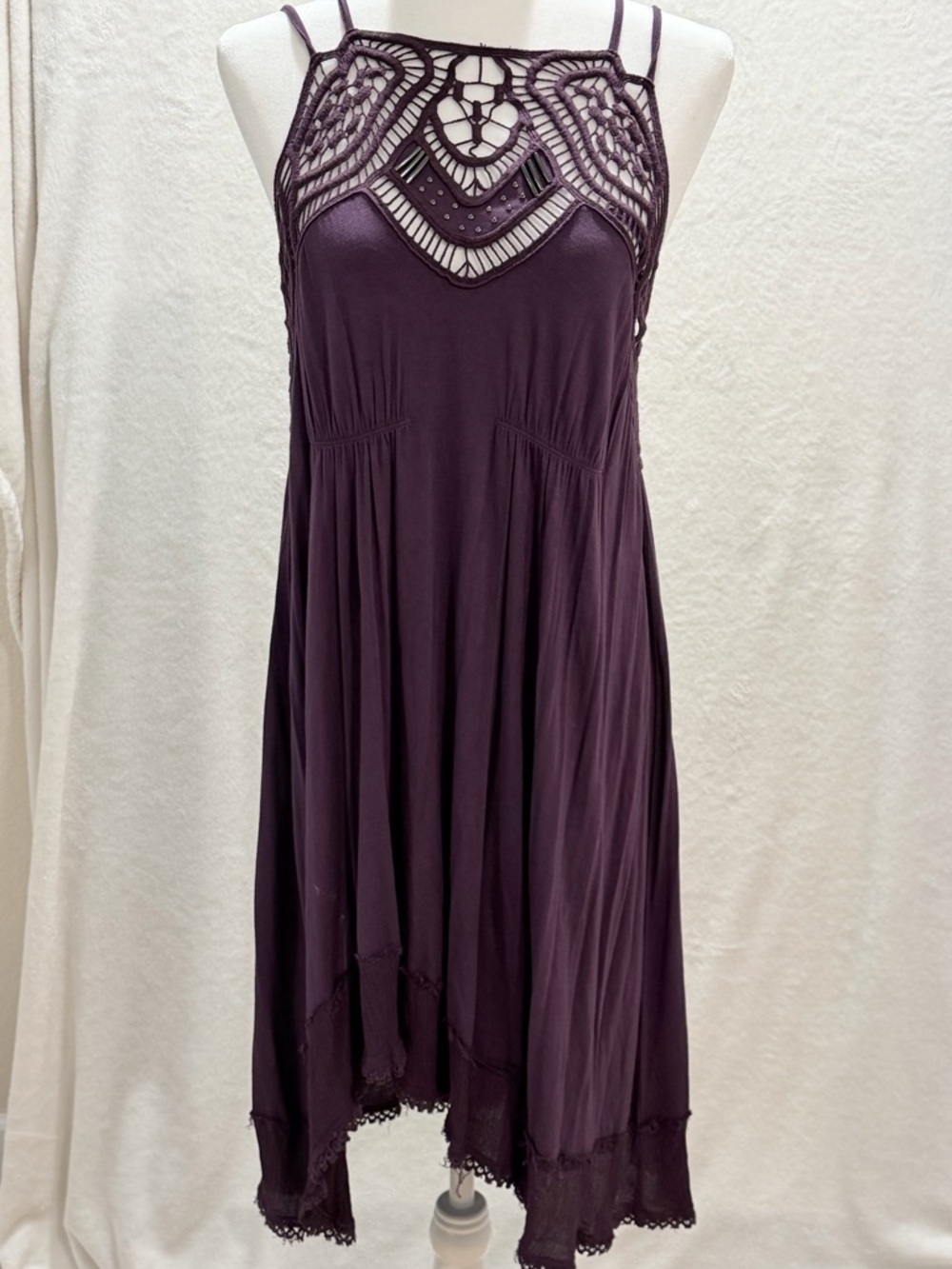 Dangerous Low Back Free People Deep Plum Swing Dress W/ Crochet Neck & Lace Hem - Picture 5 of 9
